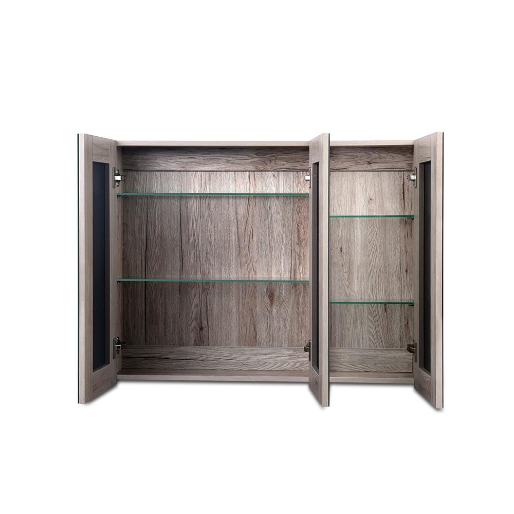 Cefito Bathroom Mirror Cabinet with three full-height mirrors and natural finish, showcasing adjustable glass shelves and soft-closing hinges.